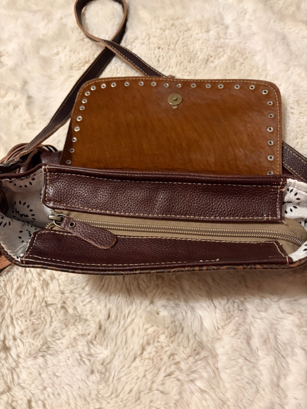 Myra Bag Craved Blossoms Leather Brown & White Hairon Cowhide Flap Crossbody - Picture 5 of 12